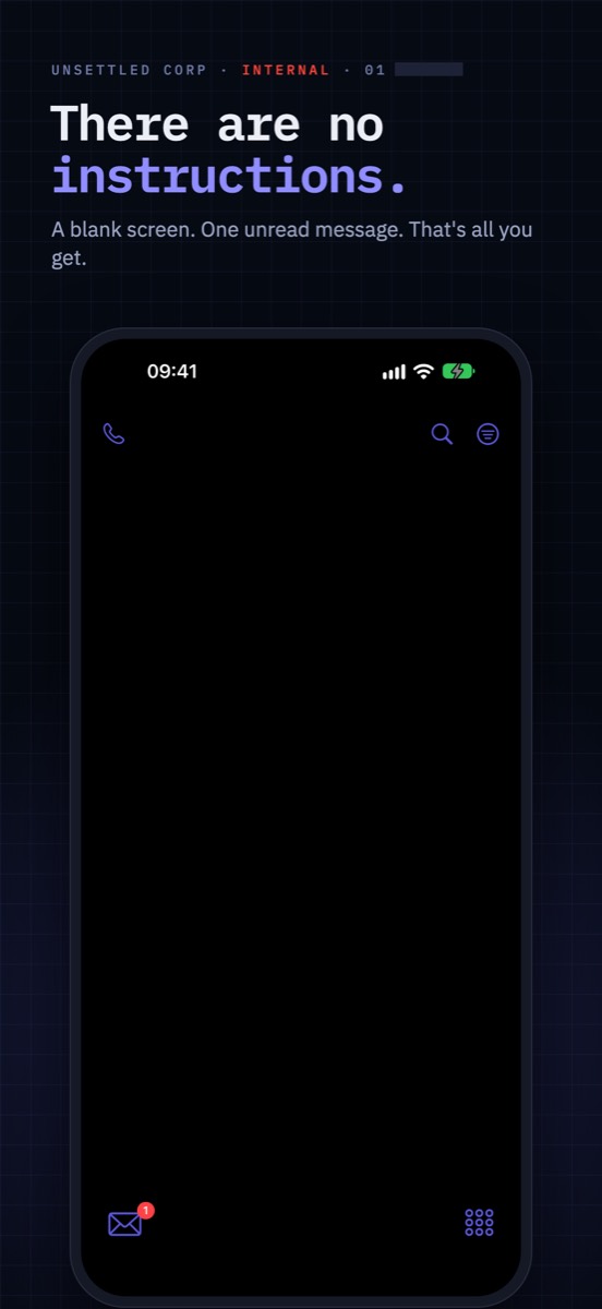 The Unsettled start screen: a blank phone with one unread message